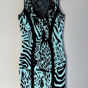 Teri Jon Black and Blue Animal Print Bodycon Dress